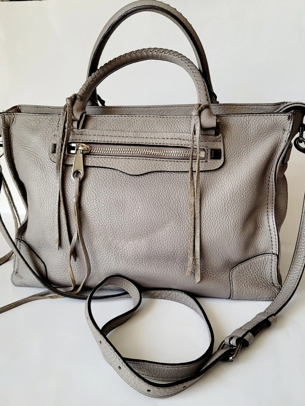 Rebecca Minkoff Regan 100% Genuine Pabbled Leather Bag Laptop Size Taupe Gray